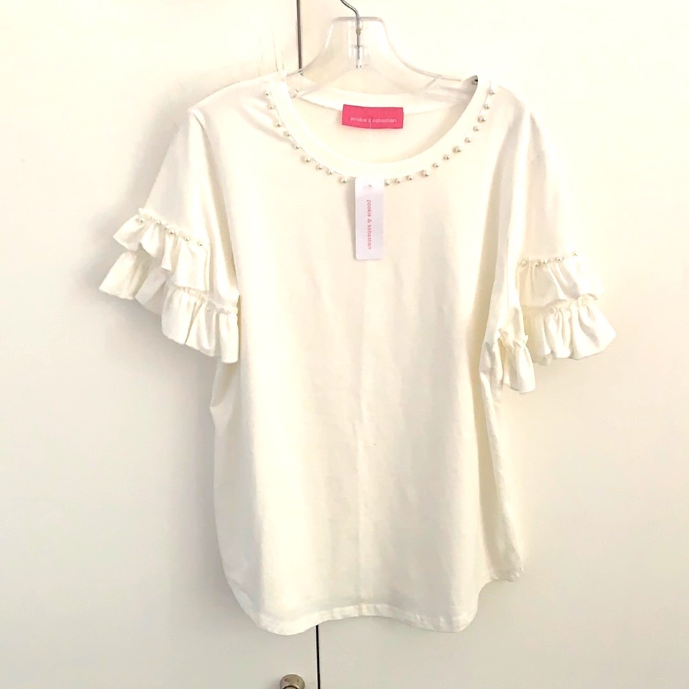 NWT POOKIE & SEBASTIAN S/S ruffled arm decorative top with pearls